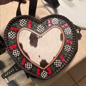 Heart-Shaped Cowhide Bag with Cherry Accents